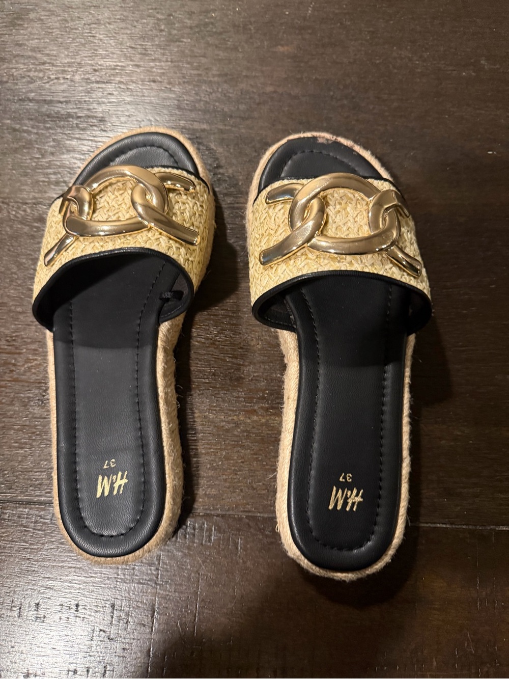 H&M Tan Raffia Slide Mules with Gold Chain Detail